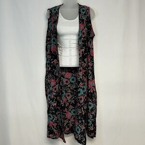 Lularoe Women Long Duster Cardigan Size M Open Front Sleeveless Dark Floral Boho